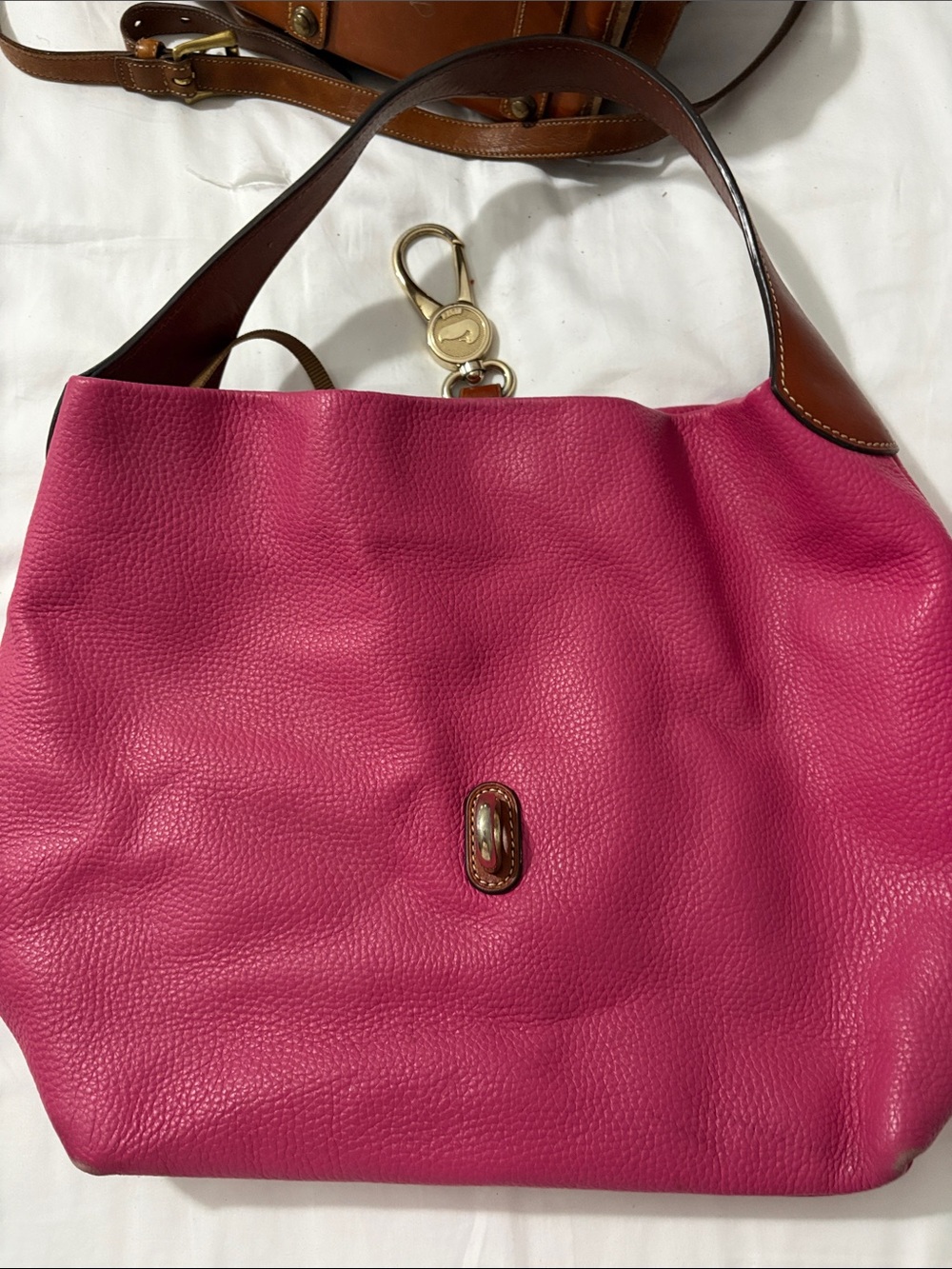 Dooney and Bourke pebble Leather Shoulder Tote in Fuchsia with Brown Trim